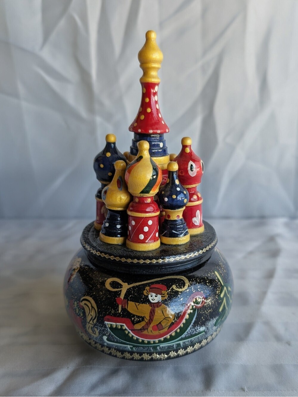 Vintage Russian Music Box St Basil Cathedral Troika Sleigh Hand Painted Lacquer